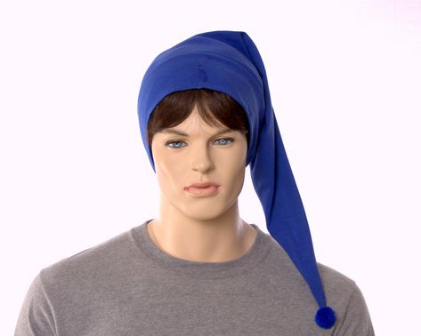 Night Cap Royal Blue Pointed Nightcap with Pompom Cotton Adult Men Women Sleeping Hat, Thick Headbands, Elf Hat, Hat Women, Night Cap, Fabric Bolts, Skull Cap Beanie, Cotton Velvet, Blue Star