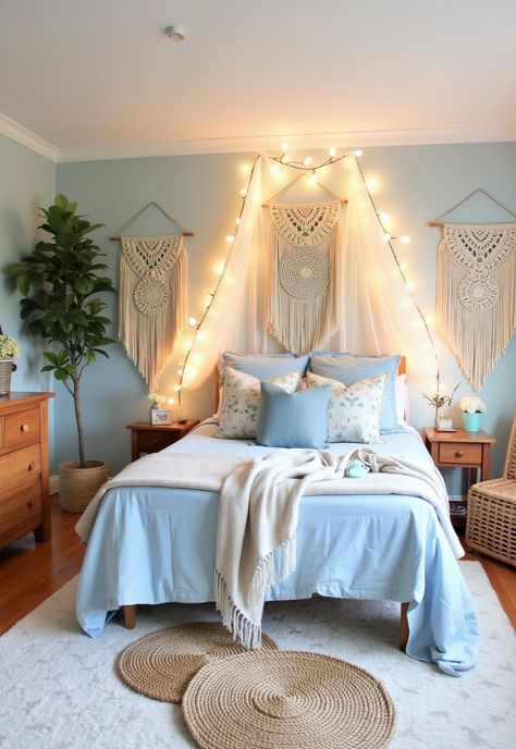 Light Blue Boho Bedroom Boho Bedroom Light Blue Walls, Light Blue Wall Room Ideas Bedrooms, Bedroom Ideas For Teen Girls Blue, Teen Girl Blue Bedroom Ideas, Light Blue Wall Bedroom Ideas, Blue Teen Bedroom, Bedroom Decor Diy On A Budget, Light Blue Boho Bedroom, Blue Boho Bedroom Ideas