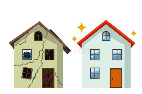 An old, ruined house in cracks with broken glasses and a renovated beautiful cou #Sponsored , #ad, #AFFILIATE, #house, #broken, #beautiful, #cracks Broken Building, Old House Illustration, House Doodle, House Cartoon, House Clipart, House Sketch, Building Drawing, House Illustration, House Vector