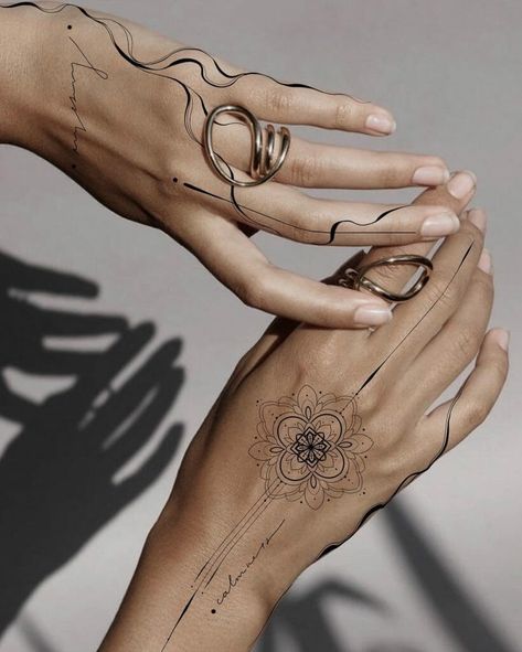 Mystery & Calmness Hand Tattoo For Girls Hand Tattoos Geometric, Line Art Hand Tattoo, Subtle Hand Tattoos For Women, Bohemian Hand Tattoos, Tatoos Hands Woman, Hand Tattoo Floral, Arm Hand Tattoo Women, Tattoo For Girls Ideas, Forearm To Hand Tattoo Women