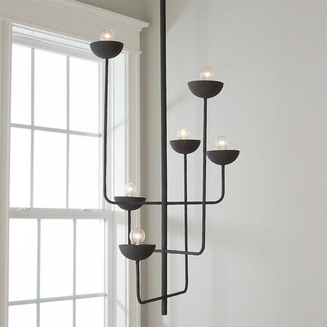 Unique minimal design meets medieval essence in our Urban Angles Chandelier.  Its slender arms are met with cupped sockets creating contrast in shape.  The textured black finish emits an industrial aesthetic that will be a bold focal point in your dining room or foyer. Entry Way Chandelier High Ceilings, Entry Way Chandelier, Slender Arms, Industrial Aesthetic, Industrial Chandelier, Black Chandelier, Mountain Home, High Ceiling, Minimal Design