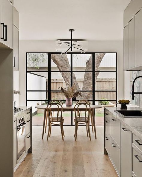 Lisa De Sanctis on Instagram: "Before & After: the galley kitchen & dining space. With such small dimensions to work with it took us a long time to decide how to best layout the kitchen/meals space. We decided a galley kitchen would provide the best use of floor space without closing off the flow of the home. Tap for details 💡" Galley Kitchen Dining, The Galley Kitchen, Open Plan Design, Galley Kitchen, Plan Design, Floor Space, Open Plan, Meal Prep, The Kitchen