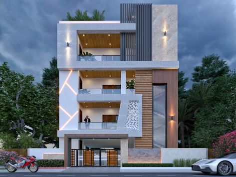 Front Elevation Designs Modern, Home Front Elevation, Modern Facade, Building Front Designs, 3 Storey House Design, Indian House Plans, 3d Floor Plan, House Outer Design, Small House Elevation