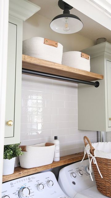 Diy Wall Cabinets, Diy Wall Cabinet, Diy Laundry Room Makeover, Laundry Closet Makeover, Cabinets With Crown Molding, Diy Laundry Room, Laundry Room Tile, Laundry Shelves, White Laundry Rooms