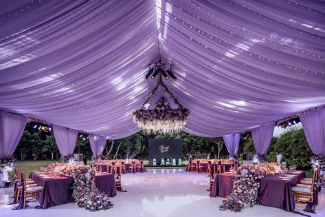 Saying "I Do" in a Purple Oasis - WedLuxe Magazine Deep Purple Wedding, Wedding Caricature, Wedding Hall Decorations, Wedding Entrance Decor, Wedding Backdrop Design, Wedding Hall, Bali Wedding, Floral Arch, Stage Decorations