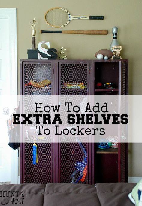 Old school lockers or gym lockers make great storage but you can add more. Here is an easy way to add extra storage to these vintage lockers. Perfect for a boy's room, laundry room or kid's storage. Locker Shelves, Diy Locker, Locker Organization, Vintage Lockers, Boy Rooms, Gym Lockers, Bedroom Wall Designs, Metal Lockers, School Lockers