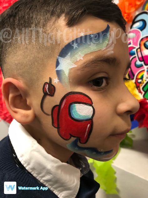 Face Paint Simple Ideas, Face Painting Among Us, Among Us Face Painting, Cheek Art Face Paint, Face Paint Characters, Simple Face Painting Ideas For Kids Boys, Easy Face Painting Ideas For Kids Boys, Boy Face Painting Ideas, Cute Easy Face Paint