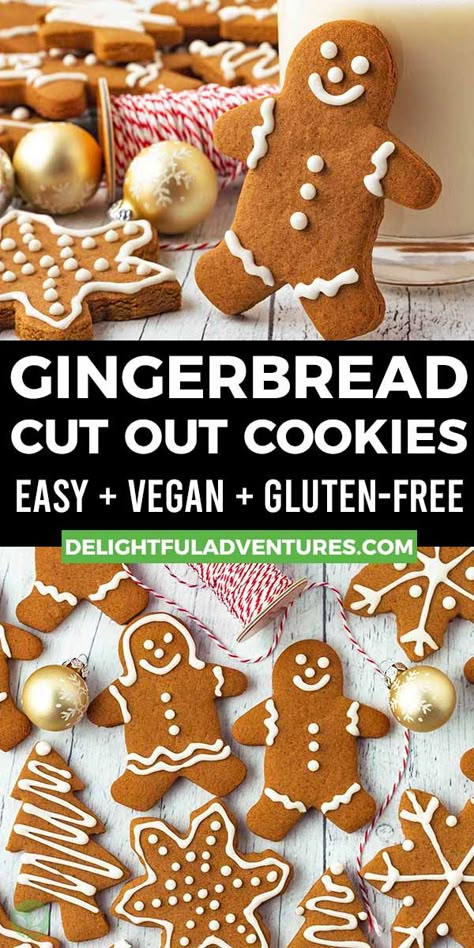 Easy cut-out vegan gluten-free gingerbread cookies that can be made crisp or soft. They’re eggless, dairy-free, and filled with the warm, classic gingerbread spices you associate with the holidays. They can be cut out into any shape and decorated exactly how you like them! Gf Df Gingerbread Cookies, Egg Free Christmas Cookies, Christmas Vegan Recipes, Gluten Free Gingerbread Cookies Recipe, Gf Gingerbread, Keto Gingerbread Cookies, Gluten Free Gingerbread Men, Gluten Free Gingerbread Cookies, Vegan Gingerbread Cookies