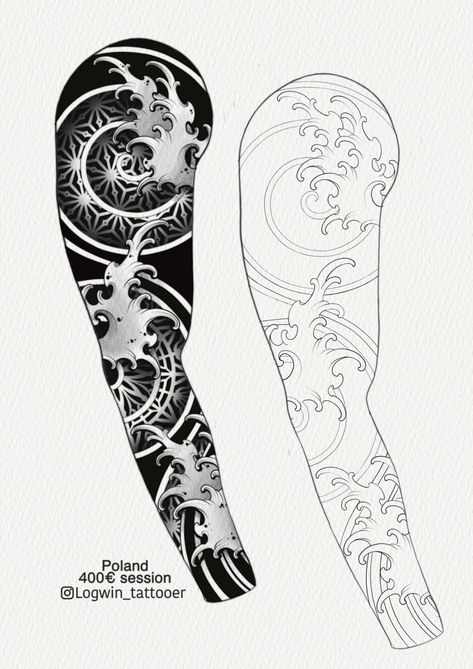 Geometric Tattoo Pattern Sleeve, Tato Irezumi, Geometric Tattoo Sleeve Designs, Koi Tattoo Design, Medusa Tattoo Design, Traditional Tattoo Flowers, Dr Woo, Geometric Mandala Tattoo, Geometric Sleeve Tattoo