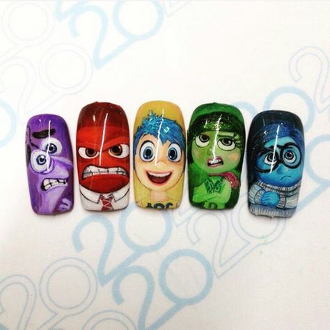 Inside Out 2 Inspired Nails, Inside Out Nails Disney, Inside Out 2 Nails, Disney Characters Nails, Inside Out Nail Art, Inside Out Nails, Nail Art Character, Disney Character Nails, Monster Inc Nails