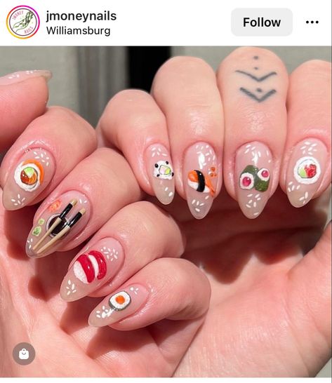 Sushi Nail Designs, Food Nail Art Designs, Food Inspired Nails, Sushi Nail Art, Food Themed Nails, Food Nail Designs, Candy Inspired Nails, Ramen Nails, Food Nails Designs