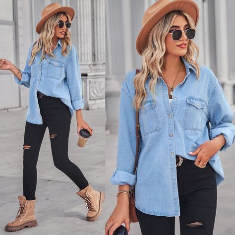 This Stylish Denim Top Has A Relaxed Vibe With Its Dropped Shoulder And Casual Design. It Features A Collared Neckline And Comes With Convenient Pockets And A Buttoned Front. The Top Has A Long Length, And The Sleeves Are Also Long, Making It Perfect For Cooler Weather. Wear It With Your Favorite Black Pair Of Jeans To Complete The Laid-Back Look. Pockets Buttoned Collared Neck Length: Long Long Sleeves Fabric: 95% Rayon, 5% Polyester Stretch: No Stretch Measurements: S: Bust 44.9 In, Shoulder 1 Button Up Jean Shirt Outfit, Big Denim Shirt Outfit Women, Black Dress Chambray Shirt Outfit, Outfits With Light Denim Jacket, Jean Dress With Leggings, Long Jeans Shirt Outfit, Women Jean Outfits, Blue Denim Button Up Shirt Outfit, Texas Capsule Wardrobe