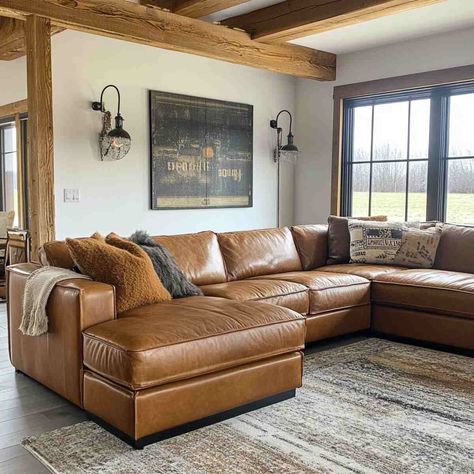 Leather Couch Cabin Living Room, Oversized Leather Sectional, Family Room Design Brown Leather Couch, Cognac Couch Living Room Ideas Farmhouse, Light Tan Leather Couch Living Room, Camel Couch Living Room Ideas, Leather Sectional Living Room Decor, Orange Leather Couch Living Room, Leather Sectional Living Room Ideas