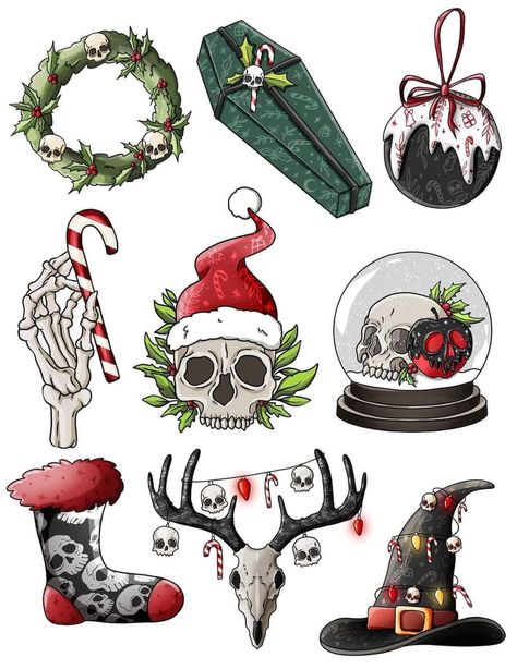 This spooky Christmas sheet of designs will add a thrill to your holiday crafts! Make spooky stickers, festive decals, and more! Spooky Christmas Doodle, Spooky Christmas Decorations Diy, Goth Christmas Art, Creepy Christmas Drawing, Spooky Christmas Tattoo, Creepy Christmas Nails, Creepy Christmas Art, Christmas Tattoo Designs, Goth Christmas Decorations