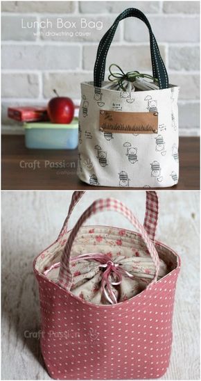 10 Easy To Sew DIY Lunch Bags And Pouches For Kids And Adults #diy #sew #lunchbags #pooches #bags Lunch Bag Sewing Pattern Free, Lunchbox Sewing Pattern, Knitting Project Bag Pattern Free, Lunch Bag Pattern, Lunch Box Pattern, Lunch Bag Tutorials, Drawstring Lunch Bag, Lunch Bags Pattern, Diy Lunch Bag