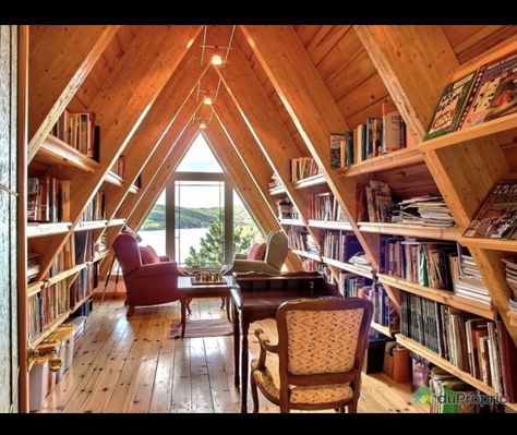 Loft Library, Attic Library, Attic Room, Frame Cabin, Home Library Design, Attic Renovation, Attic Spaces, Attic Remodel, Loft Room