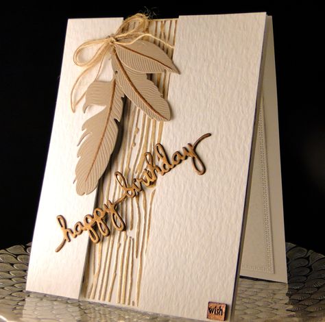 Bday card for Patrick Aug 2016 Spellbinder feathers and sentiment. Hammered… Feather Cards Handmade, Autumn Birthday, Feather Cards, Leaf Cards, Bday Cards, Crumb Cake, Birthday Cards For Men, Tree Cards, Male Cards