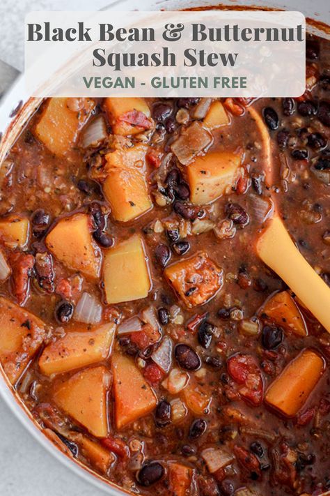 Black Bean Butternut Squash, Butternut Squash Black Bean, Butternut Squash Vegan, Roast Tomatoes, Squash Stew, Butternut Squash Stew, Black Bean Stew, Yummy Vegetable Recipes, Easy Butternut Squash