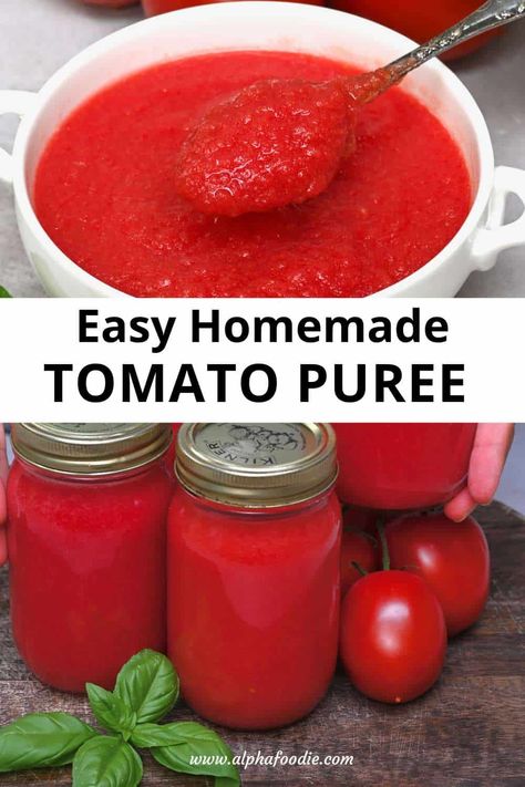 How to make tomato puree at home with fresh tomatoes with a simple step-by-step process, then refrigerate, freeze, or can it for later - perfect for adding to soups, stews, and sauces! Canning Tomatoes Recipes, Cheese Recipes Homemade, Freezing Tomatoes, Fresh Tomato Sauce, Tomato Puree, Diy Pantry, Canning Tomatoes, Soups Stews, Pureed Food Recipes