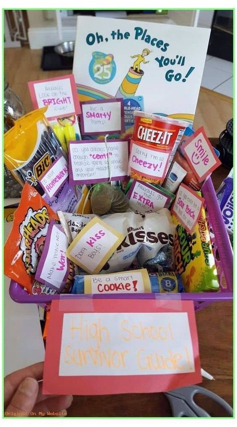 37 Graduation Gift Basket Ideas - Hairs Out of Place High School Graduation Gift Basket, 8th Grade Promotion, Graduation Basket, Middle School Graduation Gifts, Schul Survival Kits, Graduation Gift Basket, Middle School Graduation, 5th Grade Graduation, School Survival Kits