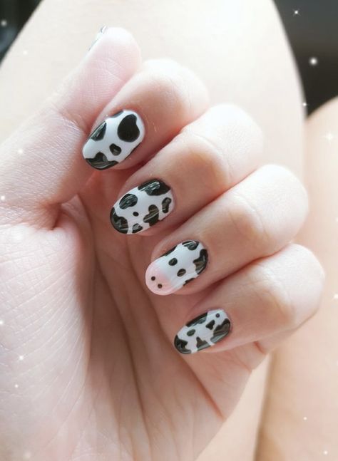 Cow Nails Designs Short, First Time Acrylic Nails Ideas Short, White And Cow Print Nails, Nails Acrylic Animal Print, Cute Nail Designs Cow Print, Cow Spot Nails, Cow Print Nails Diy, Cow Print Nail Ideas Short, Cow Print Nails Ideas