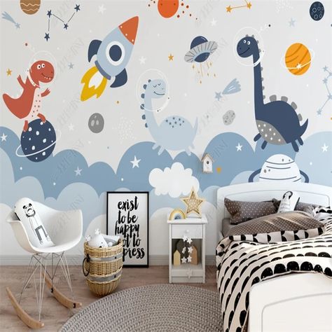 Nordic Space Rocket 3d Mural Cartoon Little Dinosaur Wall Paper Colorful Comfort Wallpapers for Children's Room Kids Room Decor - AliExpress European Wallpaper, Chandelier Wall Art, Ideas Habitaciones, Kindergarten Wallpaper, Space Animals, Park House, Sand Textures, Furniture Sofa Set, Wallpaper Furniture