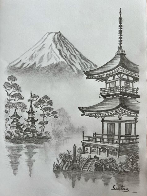 Japanese Temple (Pagoda) — Drawing - pencil sketch - A place I ... 💚💛💜💖 ... !!! Japanese Temple Drawing, Pagoda Drawing, Temple Drawing, Japanese Pagoda, Creepy Drawings, Pencil Sketch Drawing, Japanese Temple, Temple Art, Japanese Landscape