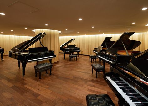 Piano Shop, Piano Store, Modern Restaurant Design, Grand Pianos, Baby Grand Pianos, Piano Room, Bookshelf Styling, Modern Restaurant, Art Deco Wallpaper