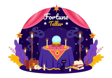 Fortune Teller Vector Illustration with Crystal Ball, Magic Book or Tarot for Predicts Fate and Telling the Future Concept in Flat Cartoon Background Cute Fortune Teller, Magic Ball Illustration, Fortune Teller Illustration, Fortune Teller, Cartoon Background, Logo Banners, Cityscape Photos, Magic Book, Heart With Arrow