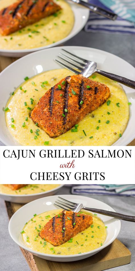 Topped with a flavor-packed piece of Cajun Grilled Salmon, these Cheesy Jalapeno Grits are delicious!  These ain't grandma's grits! Jalapeno Grits, Salmon And Grits, Quick Salmon Recipes, Quick Salmon, Grilled Salmon Recipes, Cheesy Grits, Grits Recipe, Bariatric Recipes, Best Food Ever