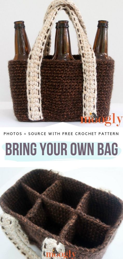 Bring Your Own Bag Free Crochet Pattern Crochet Wine, Bag Free Pattern, Bottle Cozy, Bottle Cozies, Crochet Shell Stitch, Crochet Santa, Gift Crochet, Crochet Basket Pattern, Crochet Bags Purses