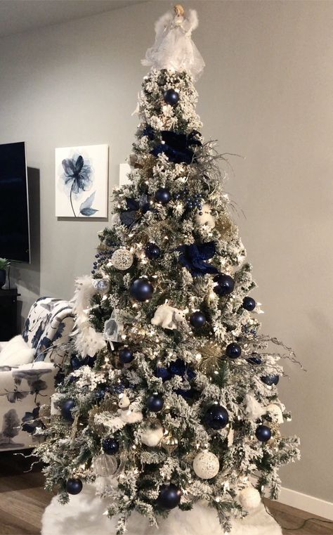 My navy blue 1 out 8 Christmas trees!  How I love Christmas! Christmas Tree Navy Blue And Silver, Navy Blue Christmas Tree, Navy Christmas Tree, Blue White Christmas, Navy Blue Christmas, Navy Christmas, Blue Christmas Tree, White Christmas Decor, Christmas Inspo