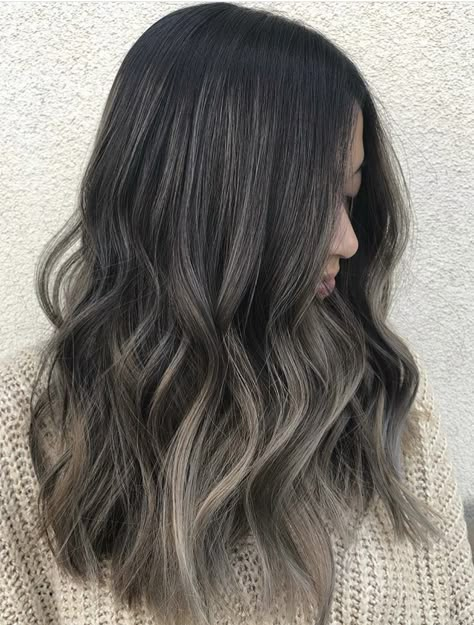 Ash blonde ombré on dark brunette base Hair Highlights Black Hair, Black Hair Highlights, Highlights Black Hair, Balayage Ombre Blonde, Bilage Hair, Blond Highlights, Black Hair Ombre, Ash Blonde Ombre, Rambut Brunette