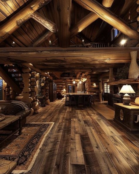 Dark Wooden House Aesthetic, German House Interior, Couch Pit, Apocalypse Bunker, Rustic Mansion, Log Cabin Mansions, Wooden House Plans, Cabin Basement, Cabin Mansion