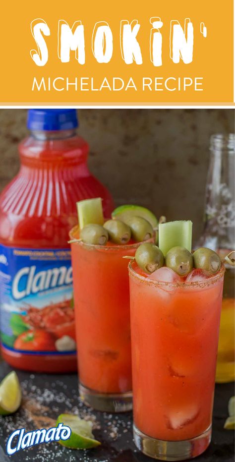 A little Mexican beer in your favorite savory drink makes for one delicious signature cocktail. That’s why this recipe for a Smokin’ Michelada is sure to become a go-to party and brunch beverage during summer! Make this spicy combination for your friends using Clamato®, vodka, horseradish, hot sauce, ice, and lime juice. Cheers to party drinks with plenty of mouthwatering flavor! Pick up all the items you need at your local Albertsons, Safeway, Pavilions, Tom Thumb, or Vons store. Strawberry Blondie, Michelada Recipe, Red Beer, Mexican Beer, Mexican Drinks, Brunch Drinks, Michelada, Tom Thumb, Juice Recipes