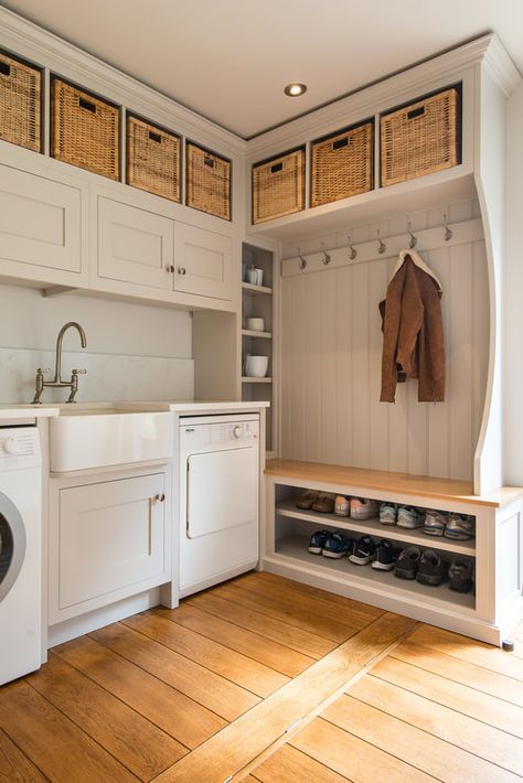 Bespoke Utility Boot Room - CHRISTOPHER HOWARD DESIGNERS & MAKERS OF LUXURY BESPOKE KITCHENS & INTERIORS Mudroom And Laundry Room Combo, Shelves Laundry Room, Basement Mudroom, Utility Boot Room, Laundry Room Idea, Laundry Room Combo, Boot Room Utility, Modern Laundry Room, Utility Room Storage