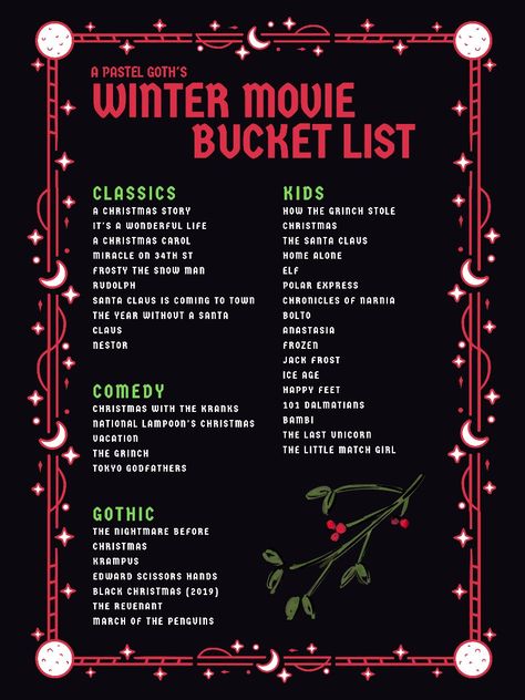 Goth Bucket List, Winter Movie Marathon, Movies For Winter, Winter Movie Bucket List, Christmas Movie List 2023, Movies To Watch In January, Christmas Movies Bucket List, Simple Christmas Traditions, Movies To Watch In Winter