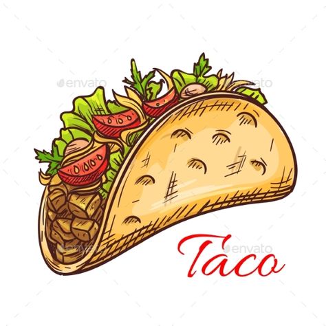 Mexican beef taco with fresh vegetables sketch of crispy corn tortilla filled with meat, tomato, pepper and salad greens. Mexican Vegetables Sketch, Taco Tattoos, Taco Images, Taco Drawing, Taco Quote, Crispy Corn, Mexican Artwork, Mexican Beef, Beef Taco