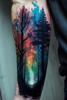 Colorful Forest Tattoo, Nature Loving Tattoos, Forrest Tattoo Sleeve Men, Color Forest Tattoo, Watercolor Forest Tattoo, Forest Path Tattoo, Spooky Forest Tattoo, Watercolor Nature Tattoo, Tattoo Woods Forest