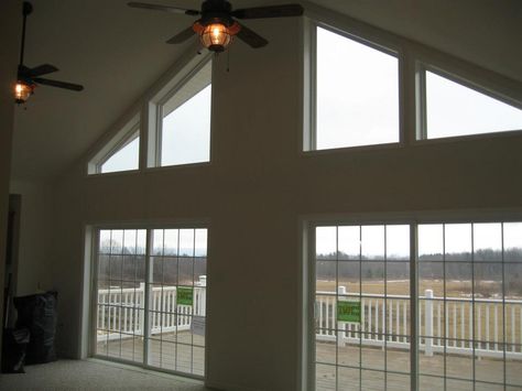 7/12 vaulted ceiling with trapezoid windows Trapezoid Windows, Vaulted Ceiling Bedroom, House Makeovers, Guitar Room, Transom Windows, Window Types, Bedroom Windows, Living Room Windows, Vaulted Ceiling