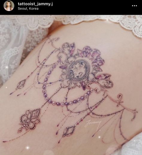 Jewel Chest Tattoo, Thigh Garter Tattoo, Garter Tattoo, Thigh Garter, Gem Tattoo, Jewel Tattoo, Face Drawing Reference, Lace Tattoo, Girly Tattoos