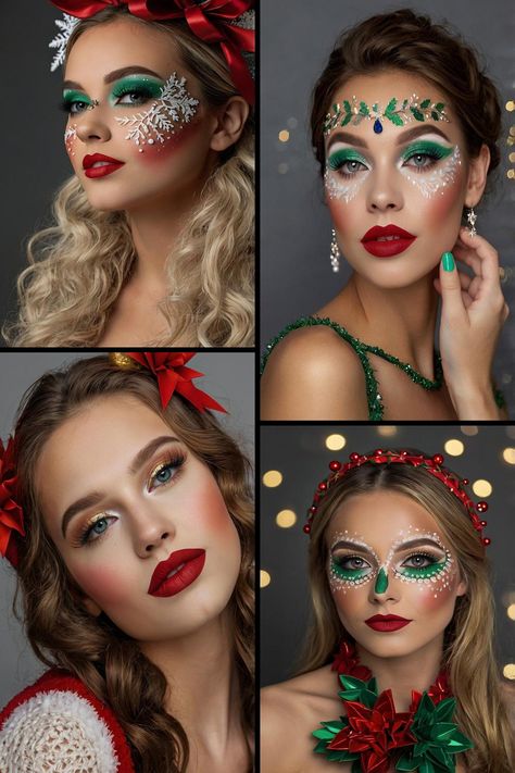 Get ready to shine this holiday season with our 7 stunning Christmas makeup ideas! From festive glitter looks to elegant holiday glam, these creative styles will elevate your festive celebrations. Whether you're attending a party or enjoying a cozy family gathering, these makeup tips will help you stand out. Discover the perfect blend of colors and techniques to create a dazzling holiday look that captures the spirit of Christmas. Christmas Creative Makeup Looks, Makeup Looks Ideas Creative, Mrs Claus Makeup, Christmas Glam Makeup, Holiday Eye Makeup, Glitter Looks, Christmas Makeup Looks, Christmas Makeup Ideas, Candy Photoshoot