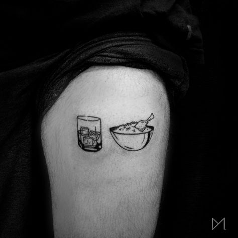 Biryani & Whiskey Thigh Tattoo Rice Bowl Tattoo, Whiskey Glass Tattoo, Rice Tattoo, Whiskey Tattoo, Bowl Tattoo, Glass Of Whiskey, Chicken Tattoo, Biryani Rice, Cute Little Tattoos