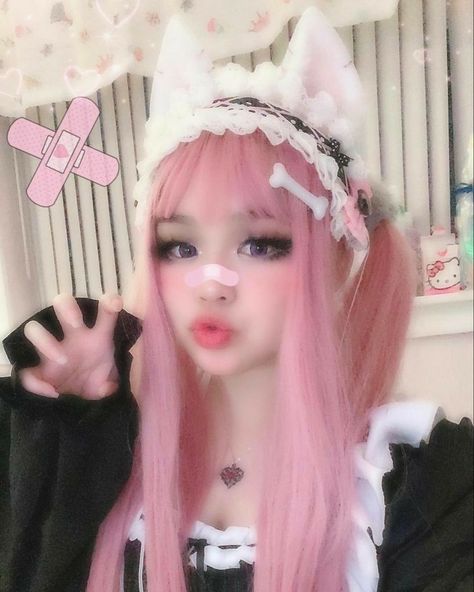 Girl With Pink Hair, Pink Hair, Cat Ears, A Girl, Hair, Pink, White, Black, Kawaii