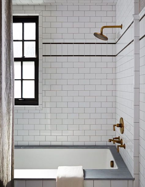 Timeless Subway Tile Bathroom, All Subway Tile Bathroom, White Shower With Accent Tile, Subway Tile Shower With Pencil Trim, Classic White Subway Tile Bathroom, Accent Stripe On Shower Wall, Subway Tiles Bathroom Ideas, Subway Tiled Bathrooms, Striped Subway Tile Bathroom