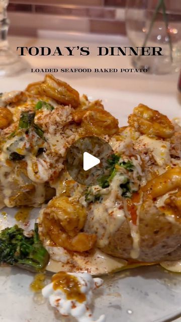 Seafood Potatoes Recipes, Salmon Loaded Baked Potato, Baked Potatoes Ideas Dinners, Baked Potatoes Loaded, Loaded Seafood Baked Potato Recipe, Seafood Mashed Potatoes Recipe, Loaded Shrimp And Broccoli Baked Potato, Seafood Meals Dinners, Loaded Baked Potato Meal