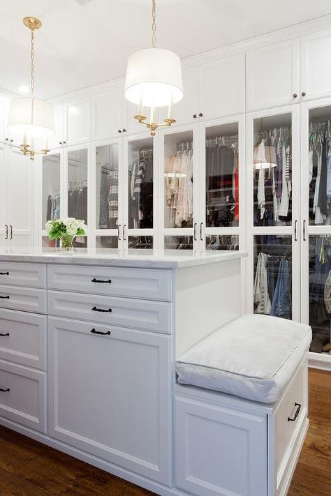 Closet island bench Closet Bench, Gorgeous Closet, Master Closet Design, Closet Island, Ikea Closet, Amazing Closets, Walking Closet, Dream Closet Design, Walk In Closet Design