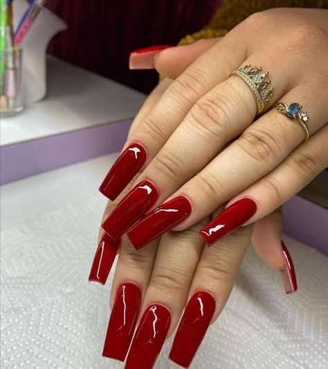 Red French Tip Tapered Square Nails, Long Dark Red Acrylic Nails, Red Acrylic Nails Tapered Square, Long Acrylic Nails Solid Color, Red Hot Nails, Dark Red Square Acrylic Nails, Square Acrylic Nails Red, Red Tapered Square Nails, Dark Red Nails Acrylic