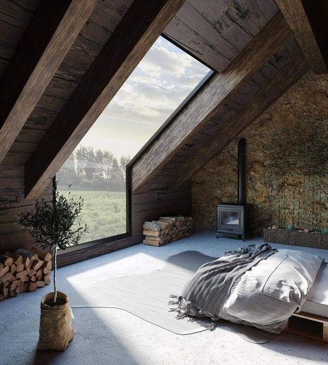 Rustic Loft, Farmhouse Style Bedrooms, Loft Room, Attic Bedroom, A Frame House, Bedroom Goals, Design Exterior, House Things, Rustic Bedroom