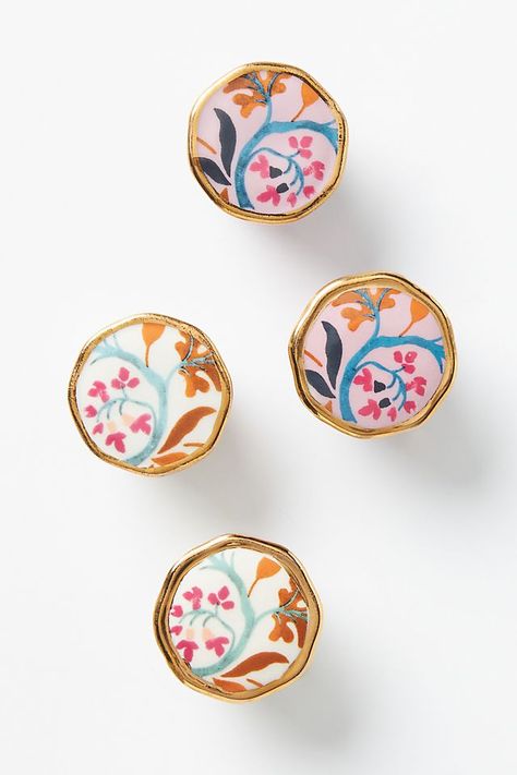 Colorful Cabinet Knobs, Fun Knobs Drawer Pulls, Bright Fun Home Decor, Unique Dresser Knobs, Anthropologie Home Diy, Colorful Cabinet Hardware, Drawer Knobs Ideas, Boho Painted Furniture, Eclectic Cottage Decor